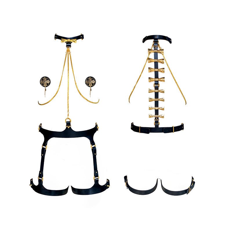 Black leather body chain harness with chain accents, photo 6