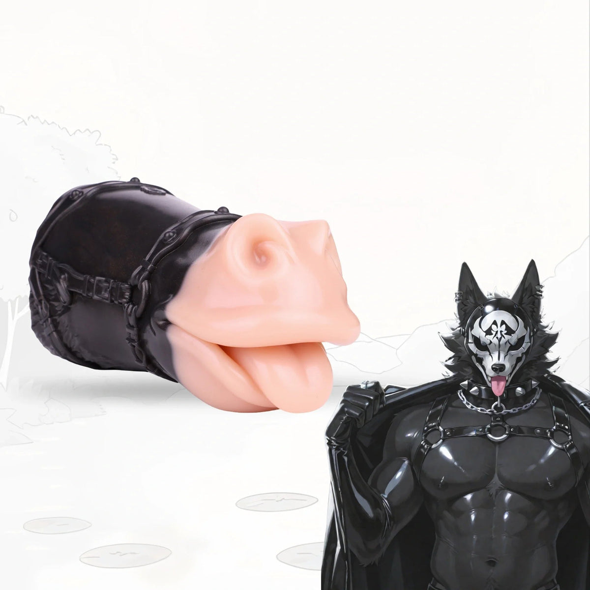 Flesh-toned mouth masturbator wrapped in black BDSM harness, photo 1