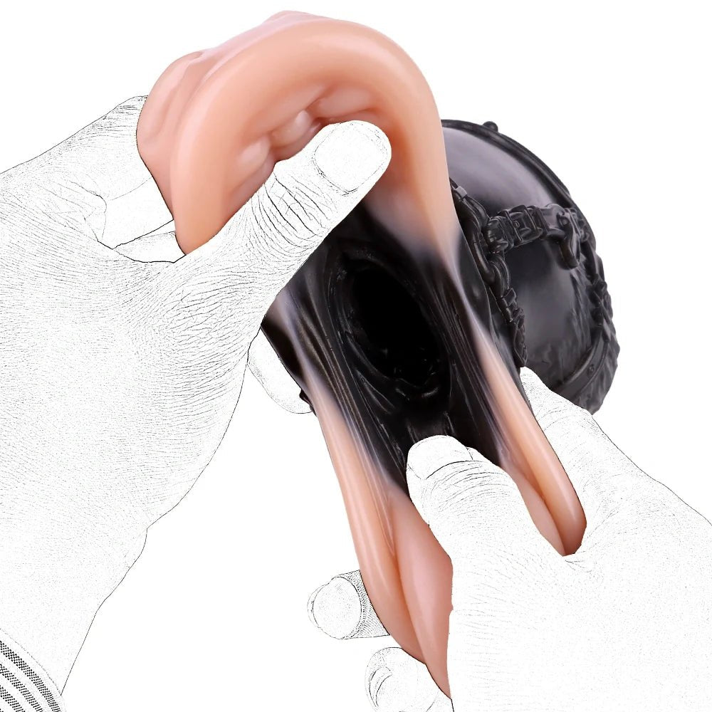 Flesh-toned mouth masturbator wrapped in black BDSM harness, photo 10