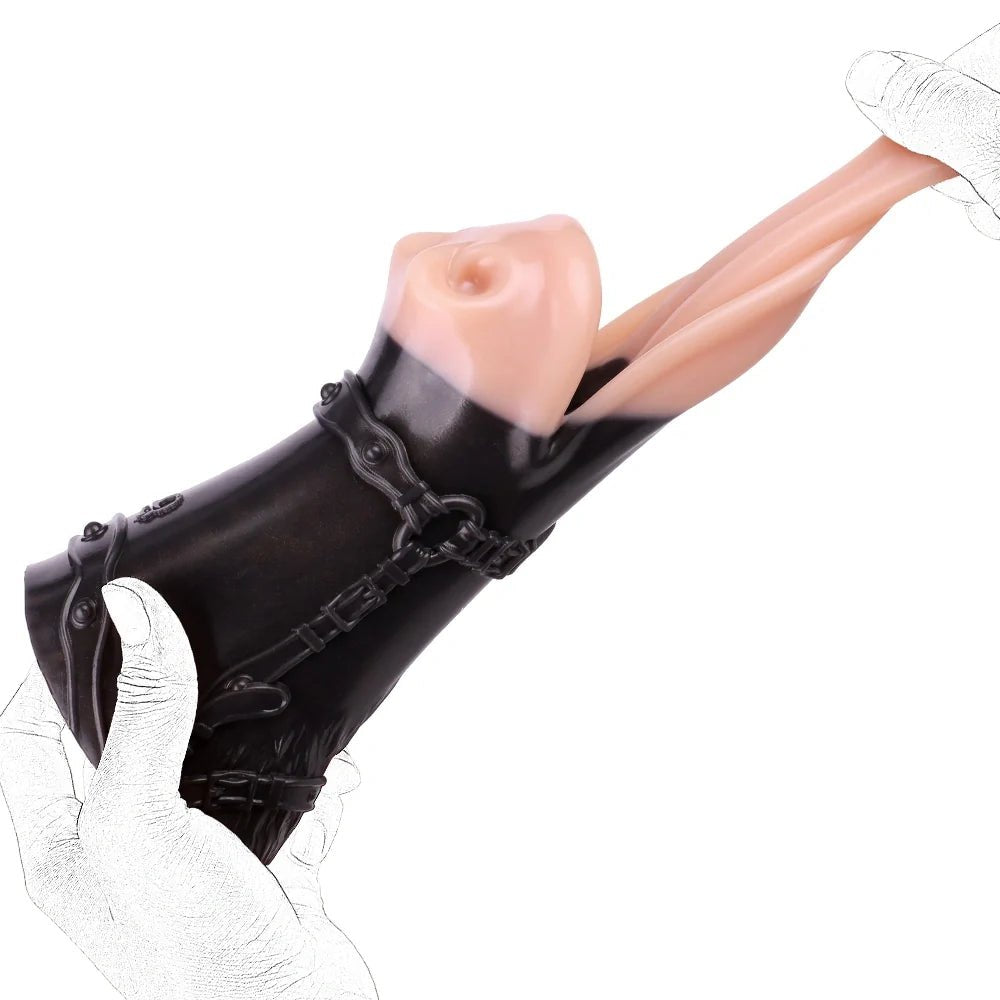 Flesh-toned mouth masturbator wrapped in black BDSM harness, photo 11