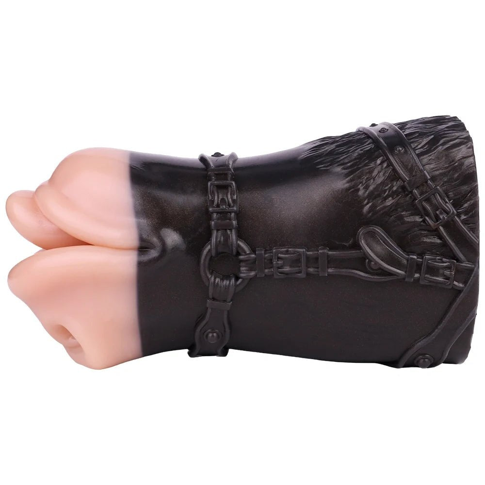 Flesh-toned mouth masturbator wrapped in black BDSM harness, photo 12