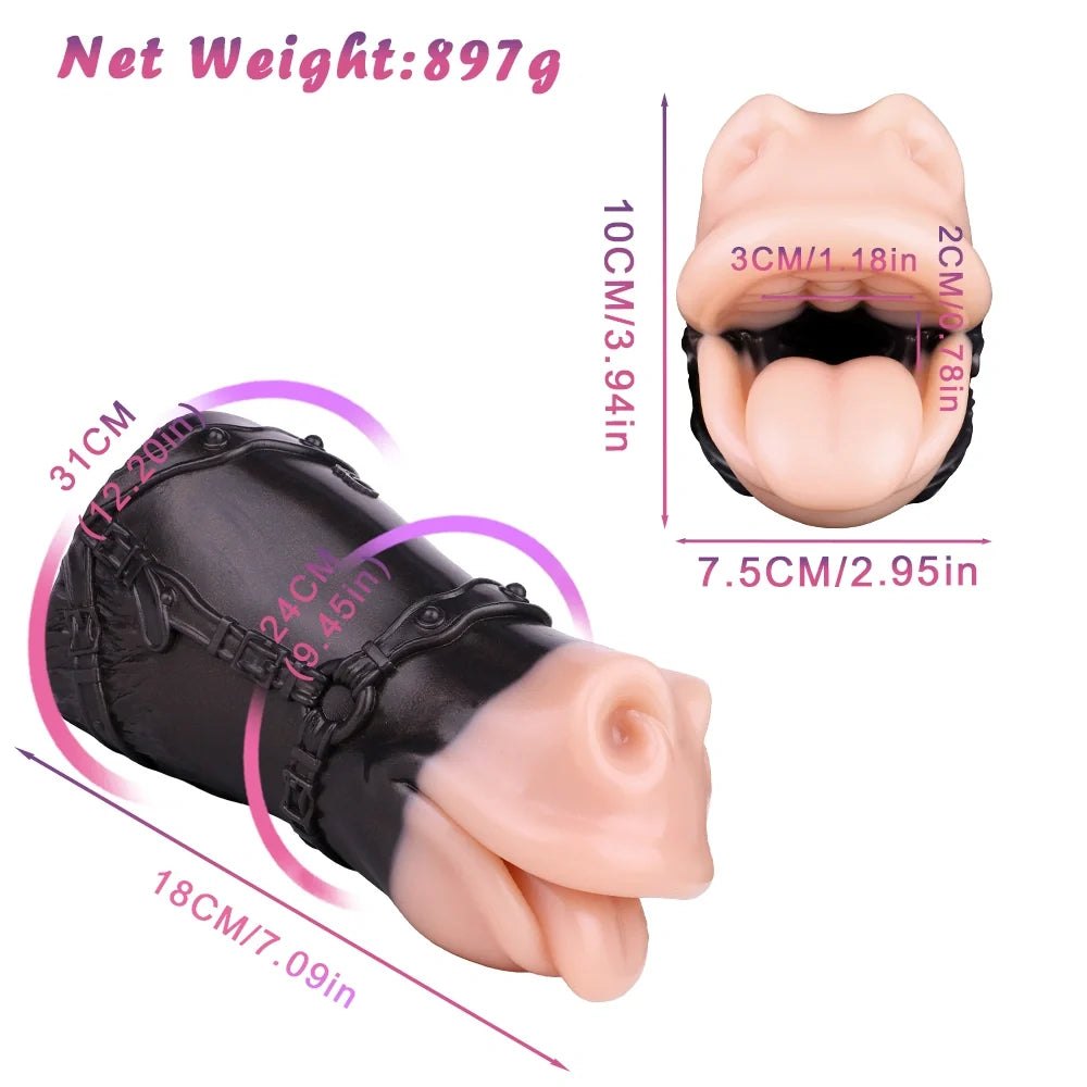 Flesh-toned mouth masturbator wrapped in black BDSM harness, photo 13