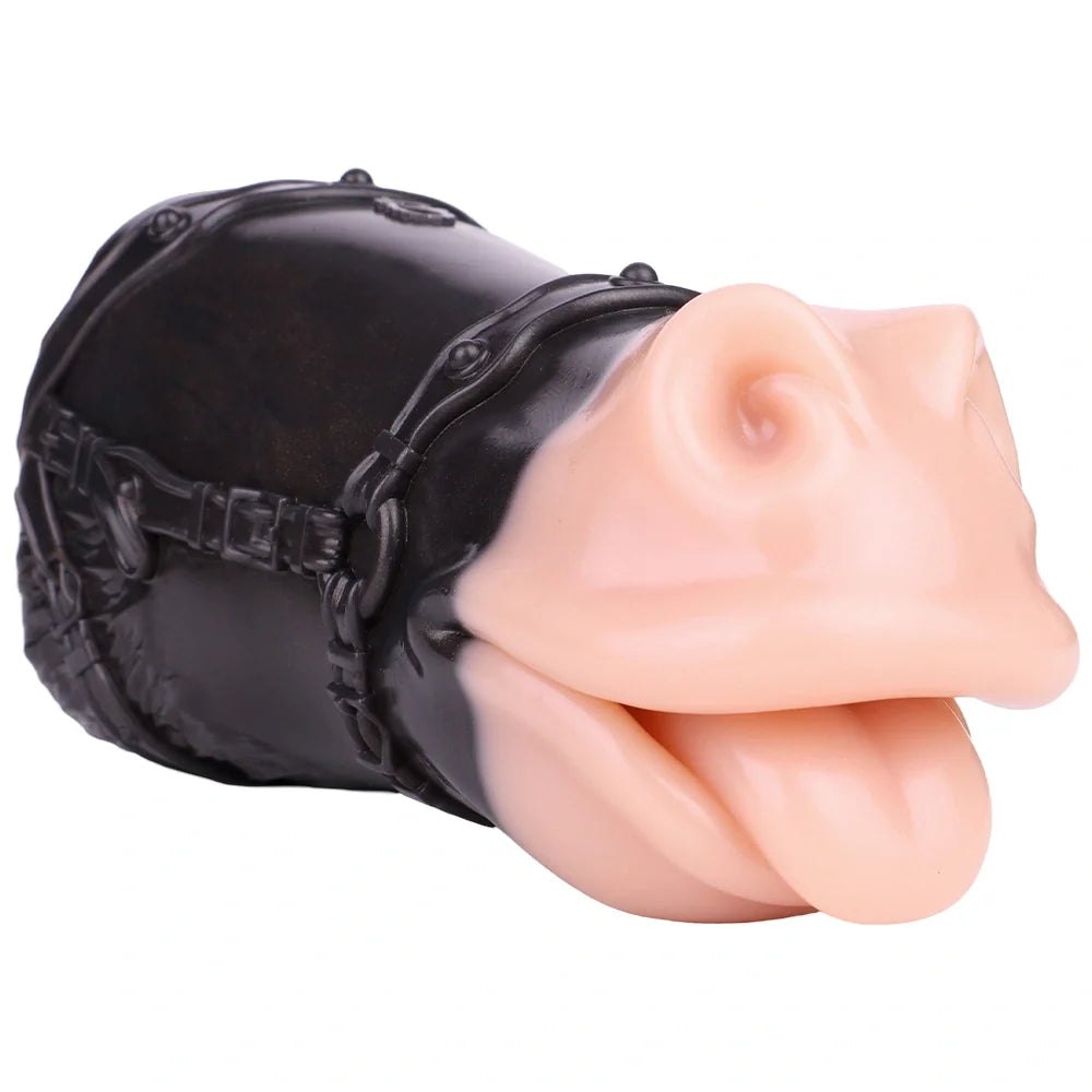 Flesh-toned mouth masturbator wrapped in black BDSM harness, photo 2