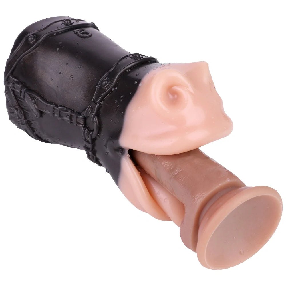 Flesh-toned mouth masturbator wrapped in black BDSM harness, photo 3