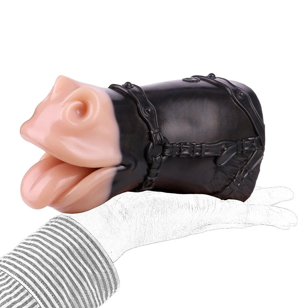 Flesh-toned mouth masturbator wrapped in black BDSM harness, photo 4