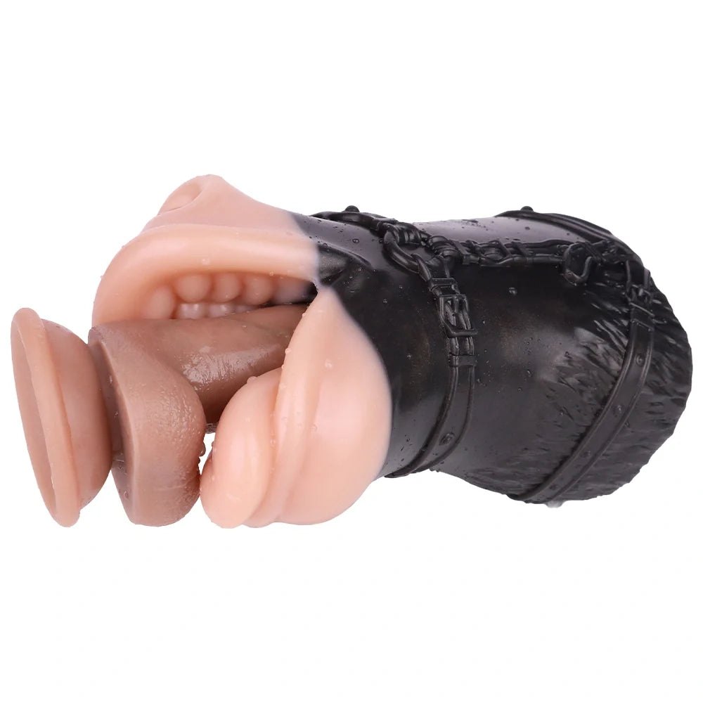 Flesh-toned mouth masturbator wrapped in black BDSM harness, photo 5