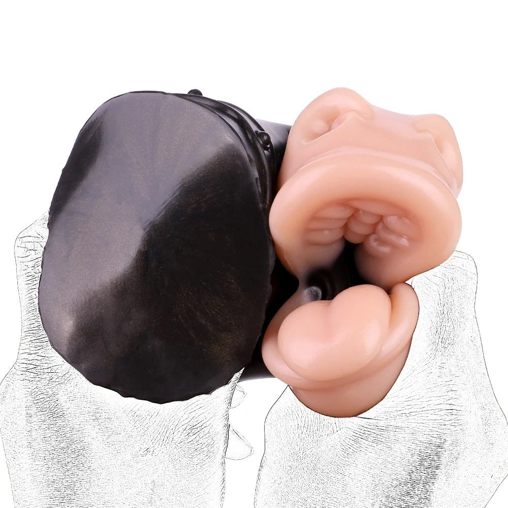Flesh-toned mouth masturbator wrapped in black BDSM harness, photo 6