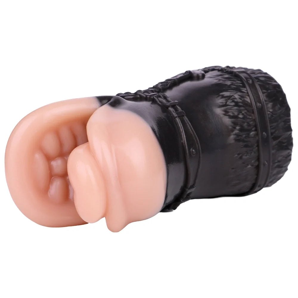 Flesh-toned mouth masturbator wrapped in black BDSM harness, photo 7