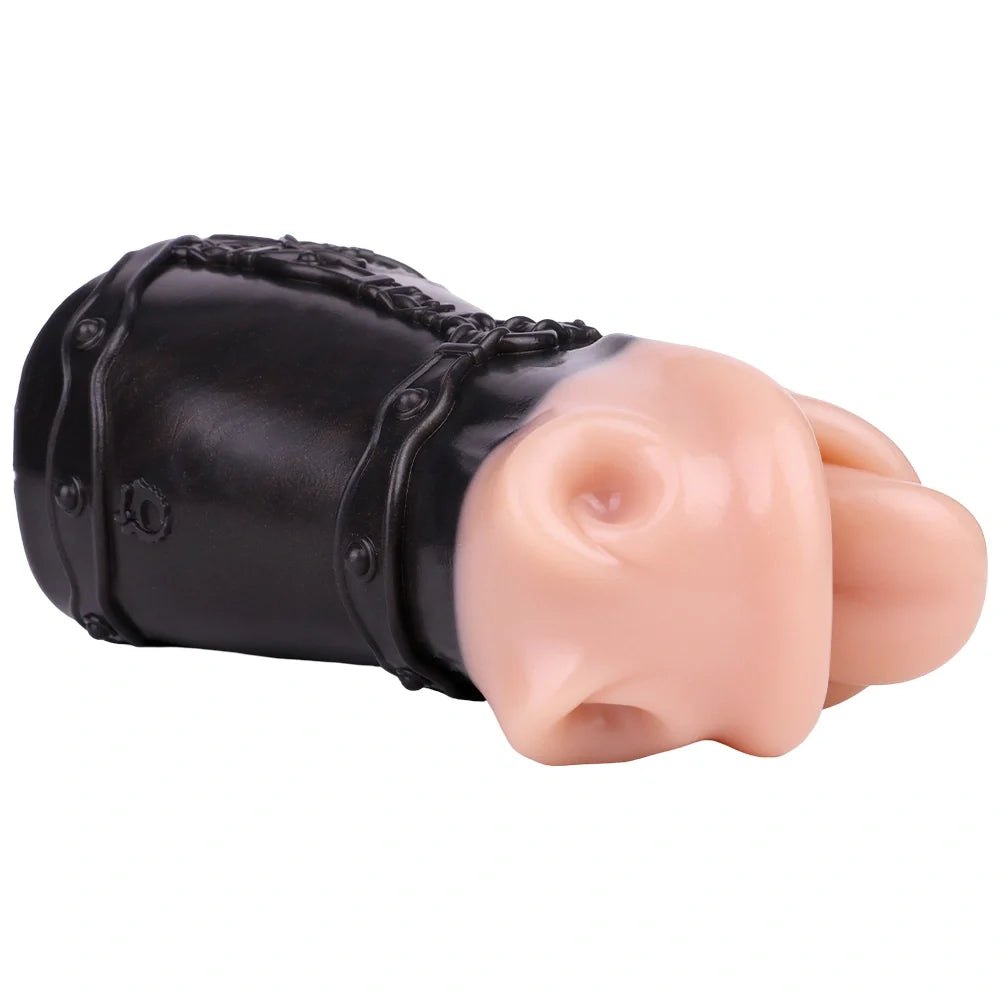 Flesh-toned mouth masturbator wrapped in black BDSM harness, photo 8