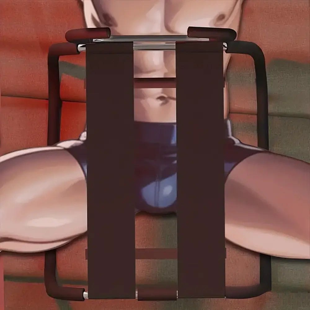 Black metal bdsm bench with cushioned armrests, photo 3