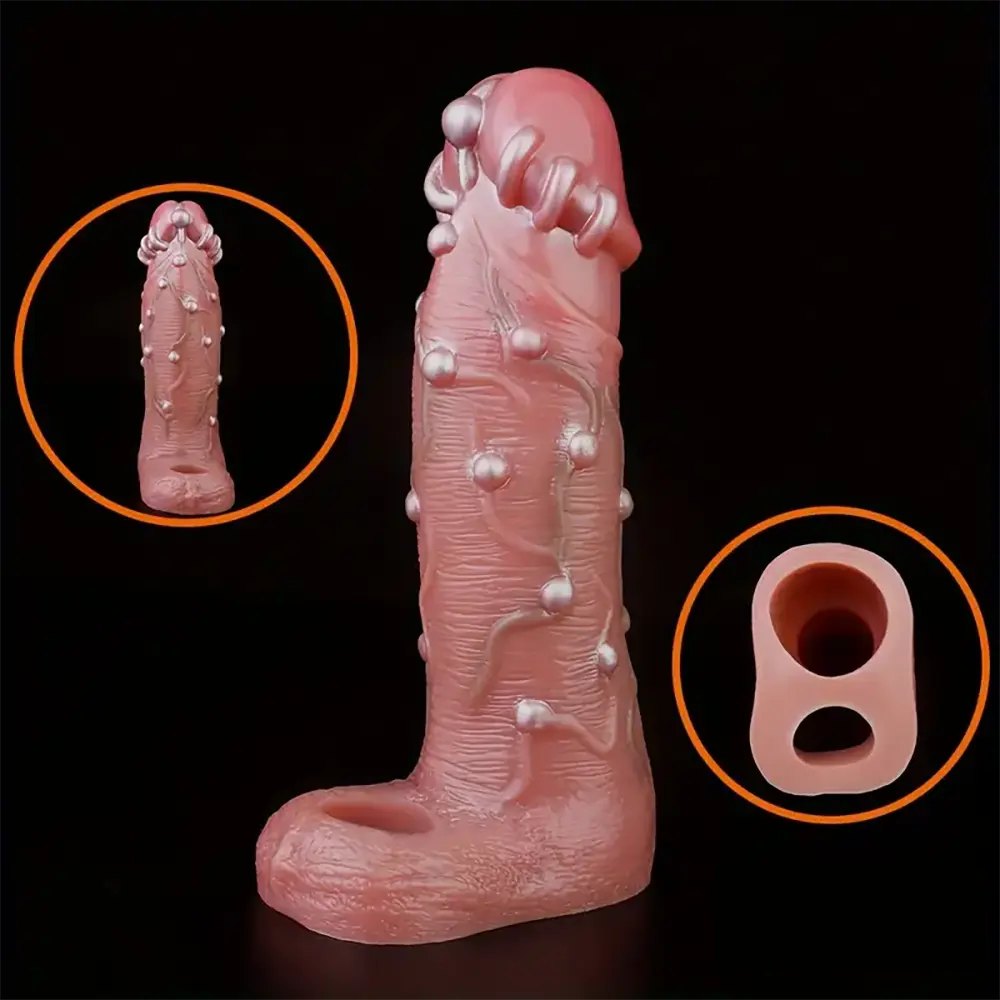Flesh tone beaded silicone dildo sleeve, photo 5