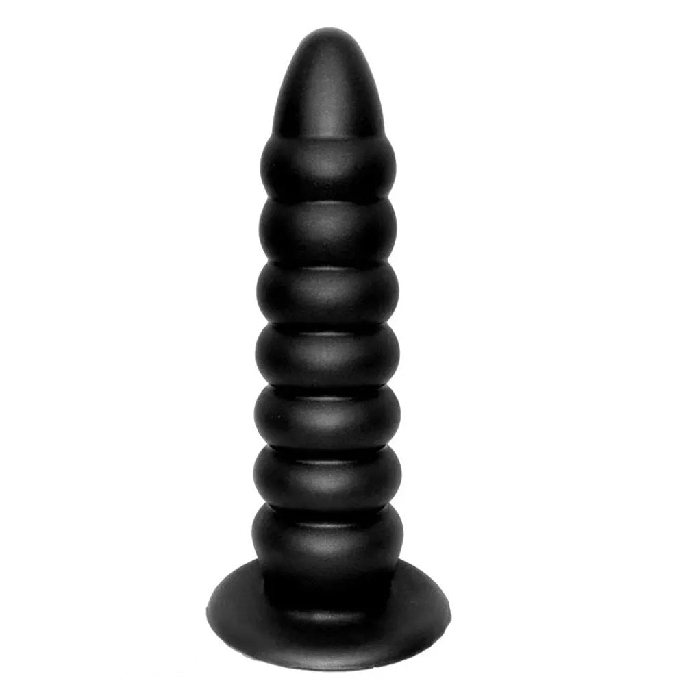 Black ribbed silicone anal plug with suction cup base
