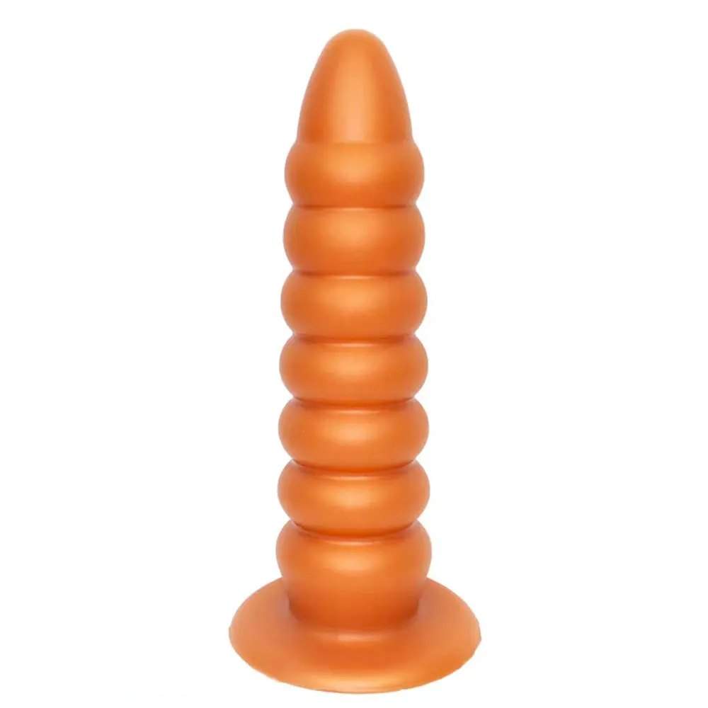 Gold ribbed silicone anal plug with suction cup base