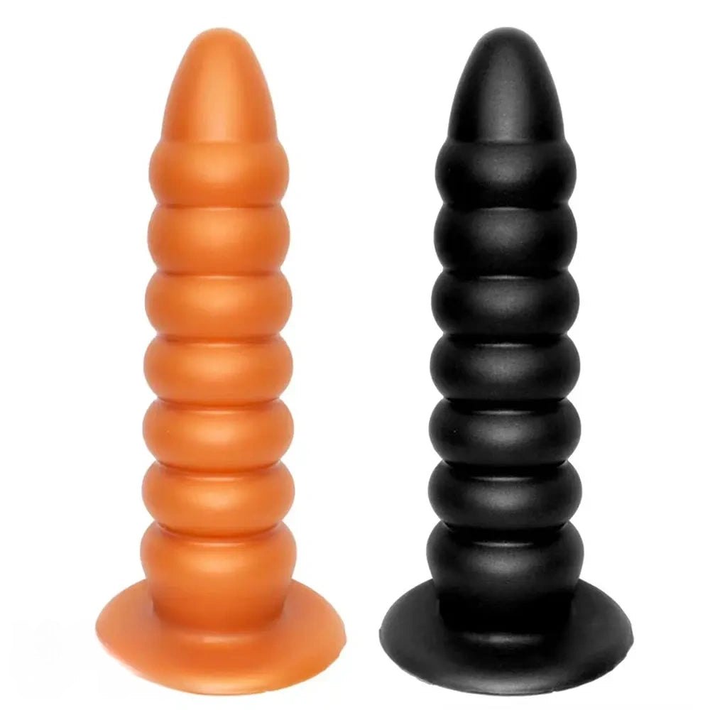 Ribbed silicone anal plug with suction cup base, photo 1