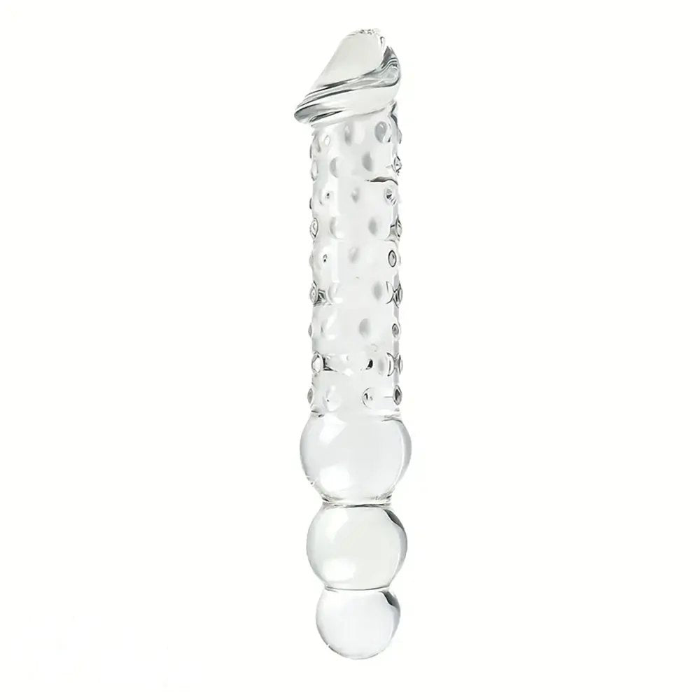 Clear ribbed beaded glass dildo, photo 1