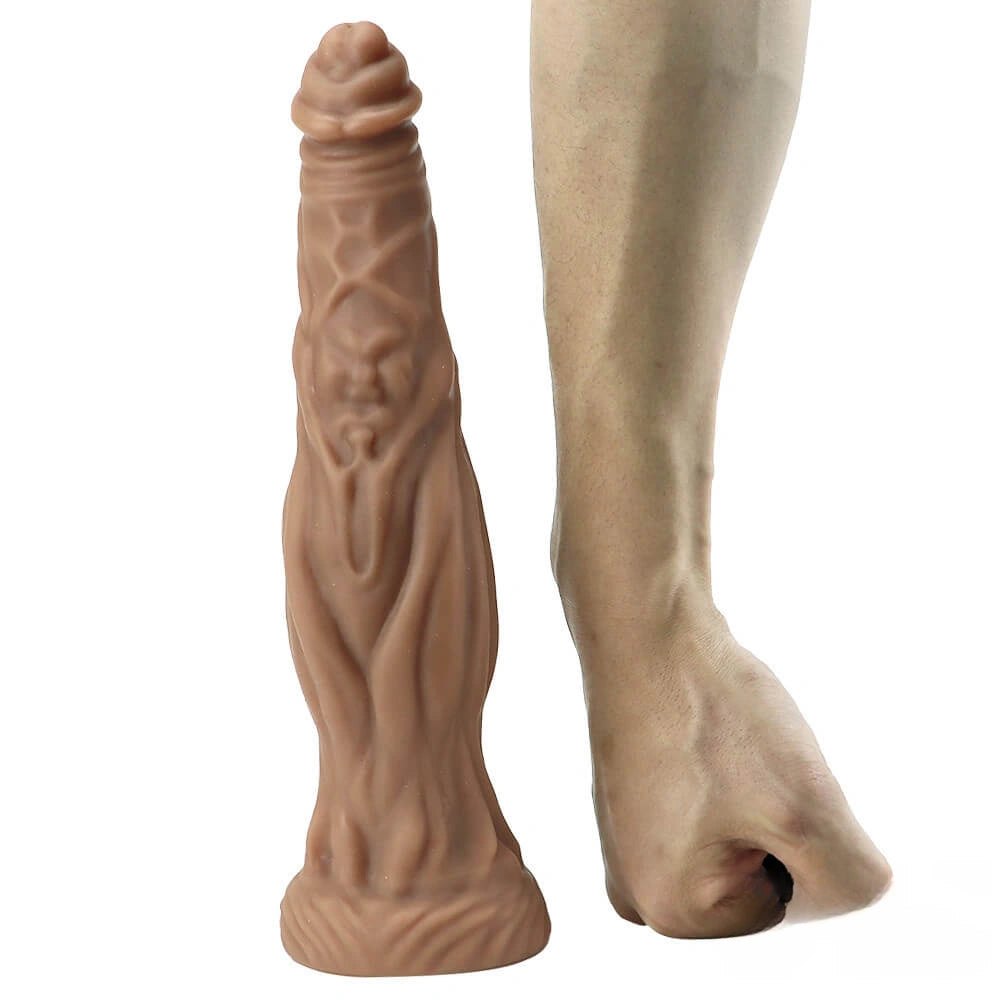 Brown bearded fantasy silicone dildo with tree root texture, photo 2