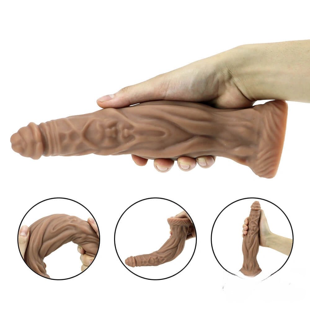 Brown bearded fantasy silicone dildo with tree root texture, photo 3