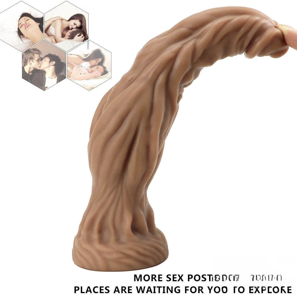 Brown bearded fantasy silicone dildo with tree root texture, photo 5