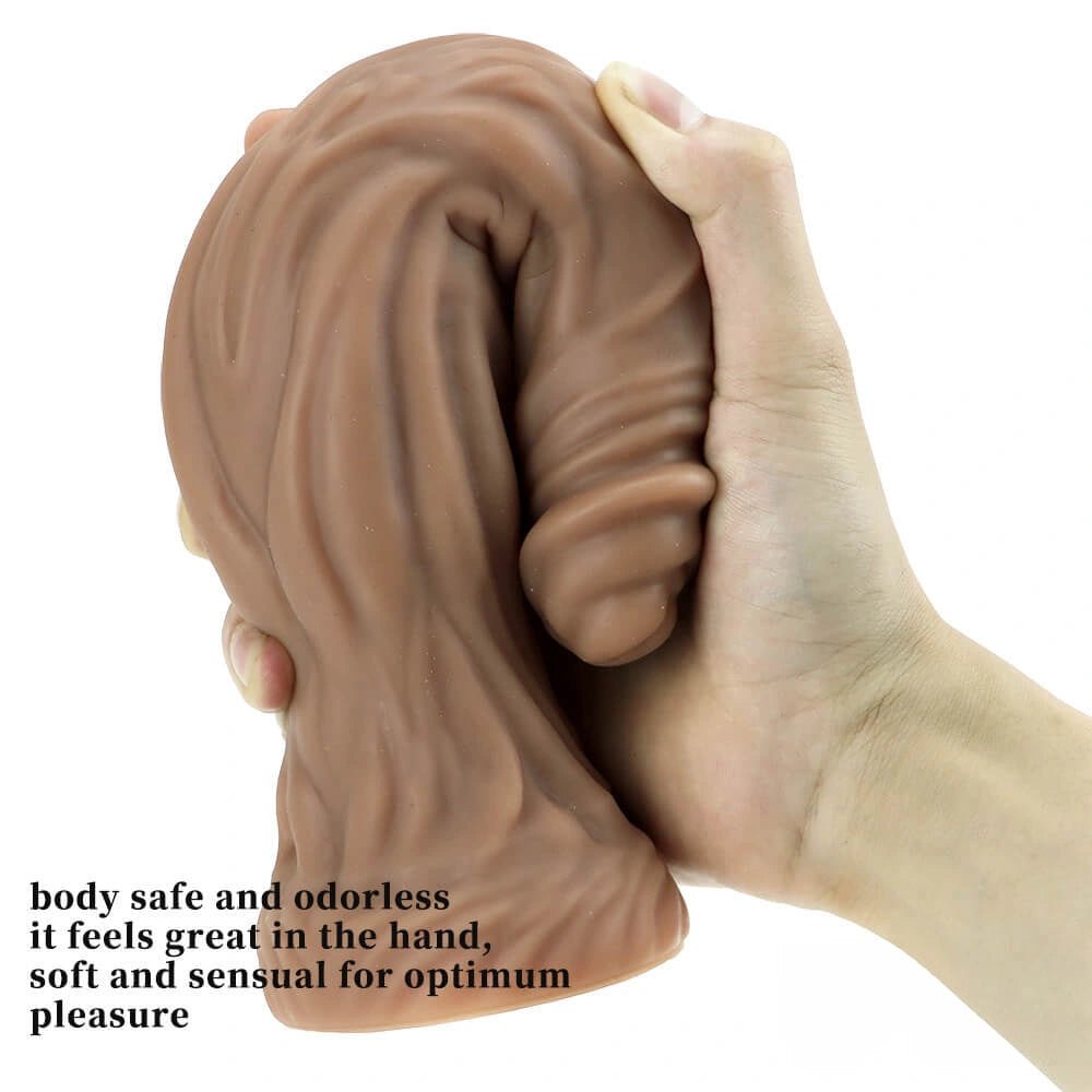 Brown bearded fantasy silicone dildo with tree root texture, photo 6