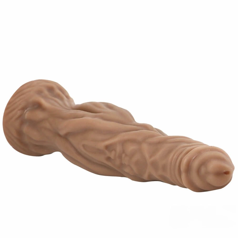 Brown bearded fantasy silicone dildo with tree root texture, photo 9
