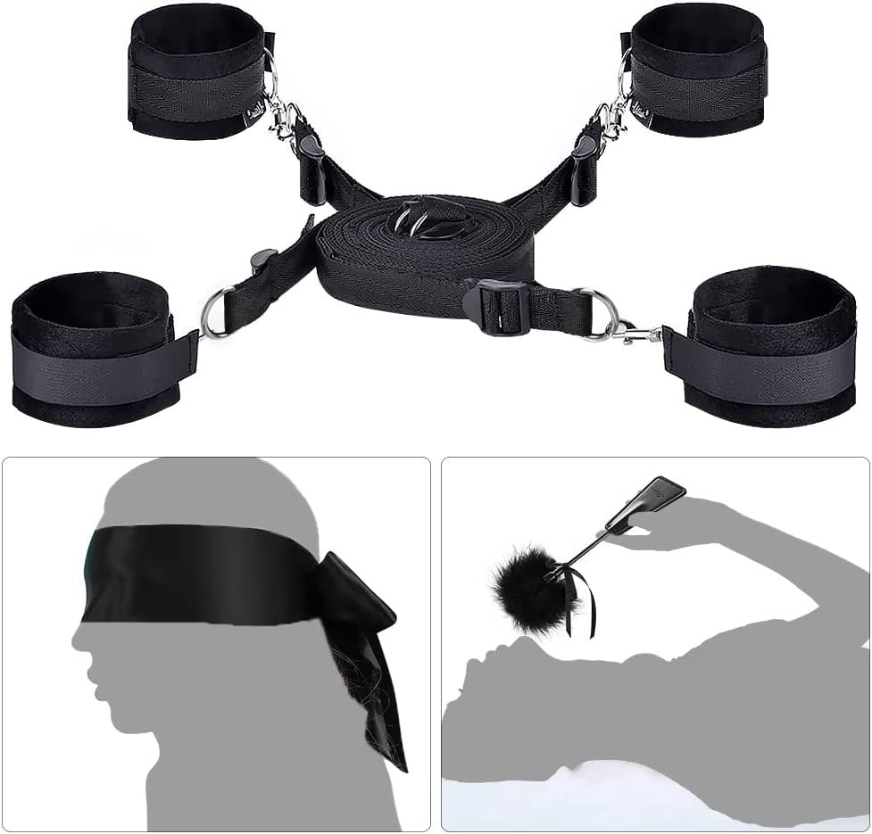 Black soft fabric bed restraint set with blindfold, photo 2