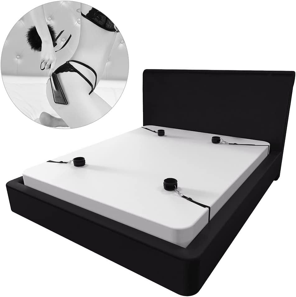 Black soft fabric bed restraint set with blindfold, photo 3
