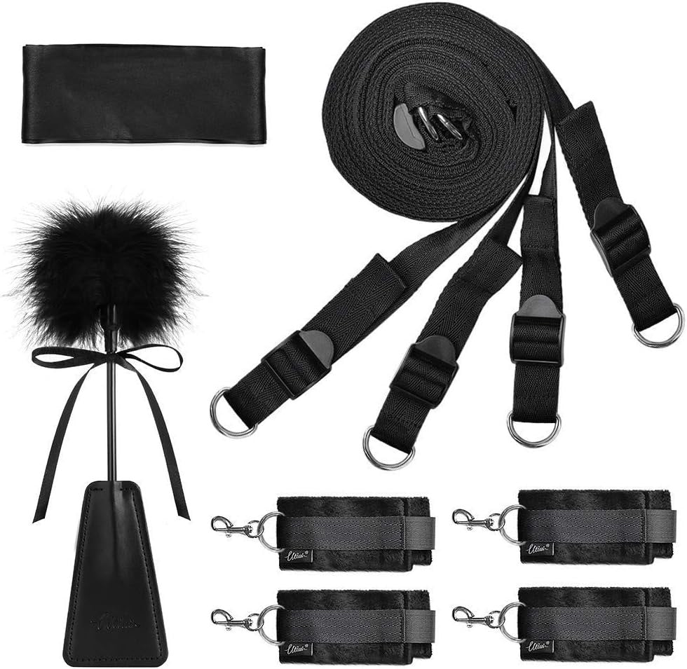 Black soft fabric bed restraint set with blindfold, photo 7
