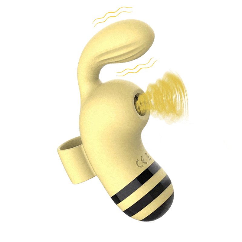Yellow bee-shaped clitoral vibrator with finger ring, photo 1