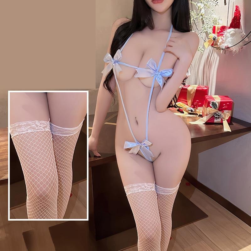 Light Blue + White Mesh Stockings big bow banded bra bottom lingerie set