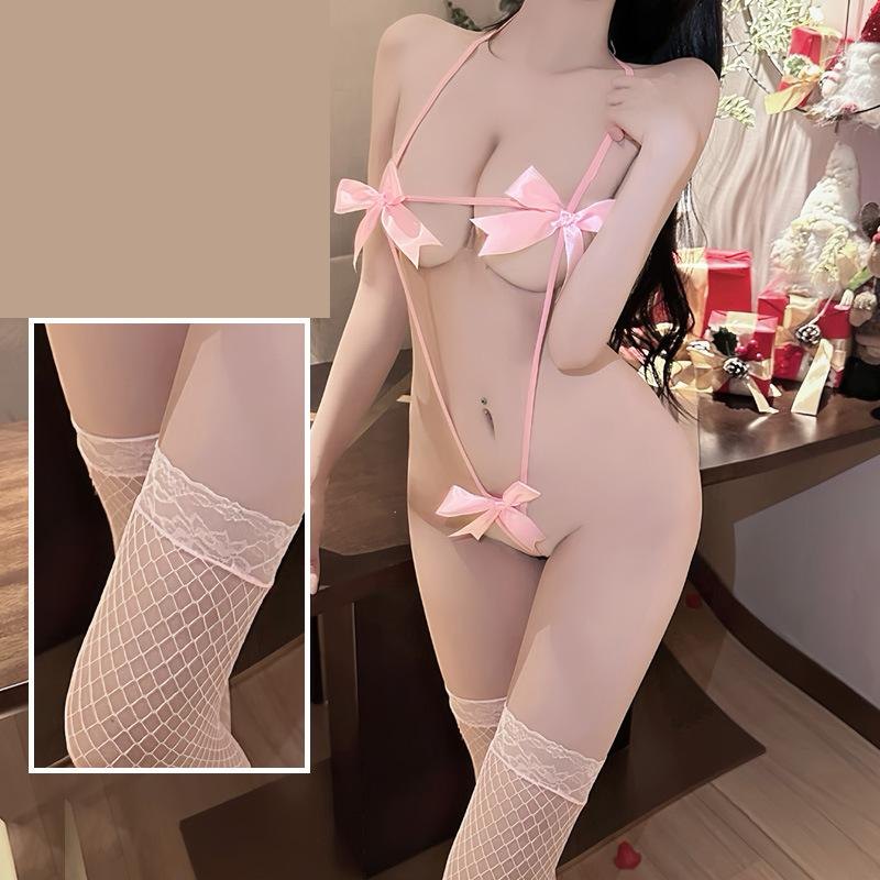 Pink + Pink Mesh Stockings big bow banded bra bottom lingerie set