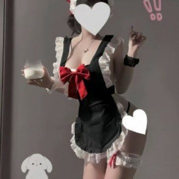 Black Set big bow maid cosplay roleplay costume
