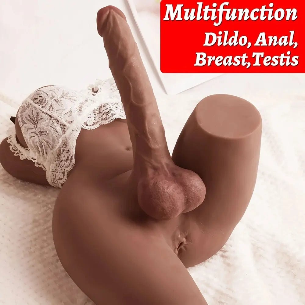 Flesh-toned silicone breast torso with attached dildo, photo 4