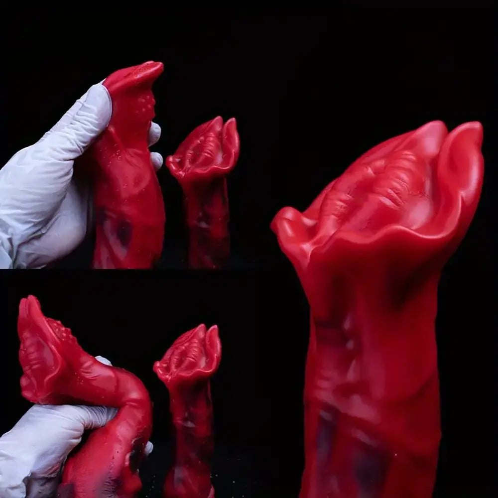 Red-toned realistic silicone dildo with big mushroom head, photo 2