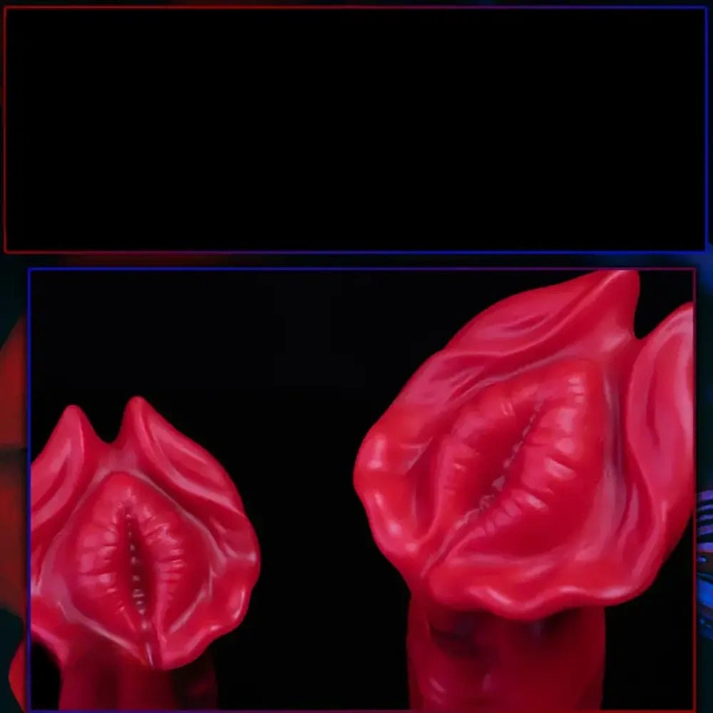 Red-toned realistic silicone dildo with big mushroom head, photo 3