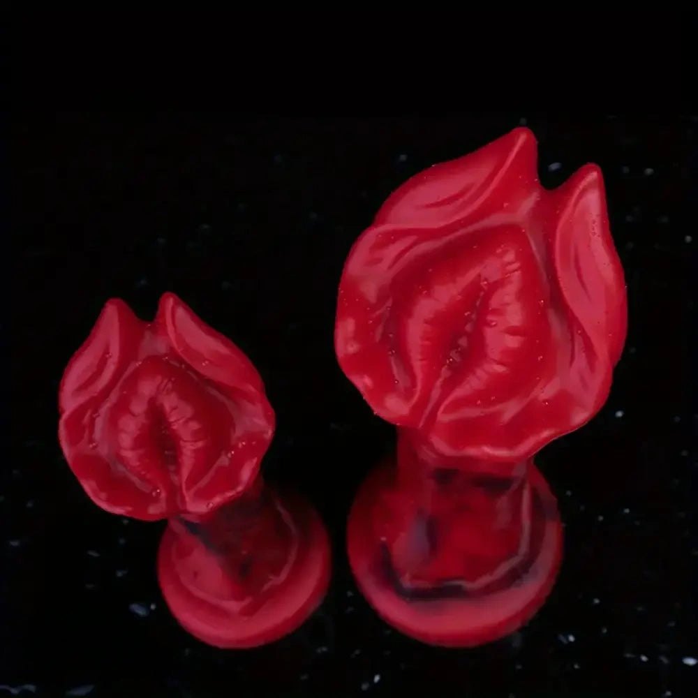 Red-toned realistic silicone dildo with big mushroom head, photo 5