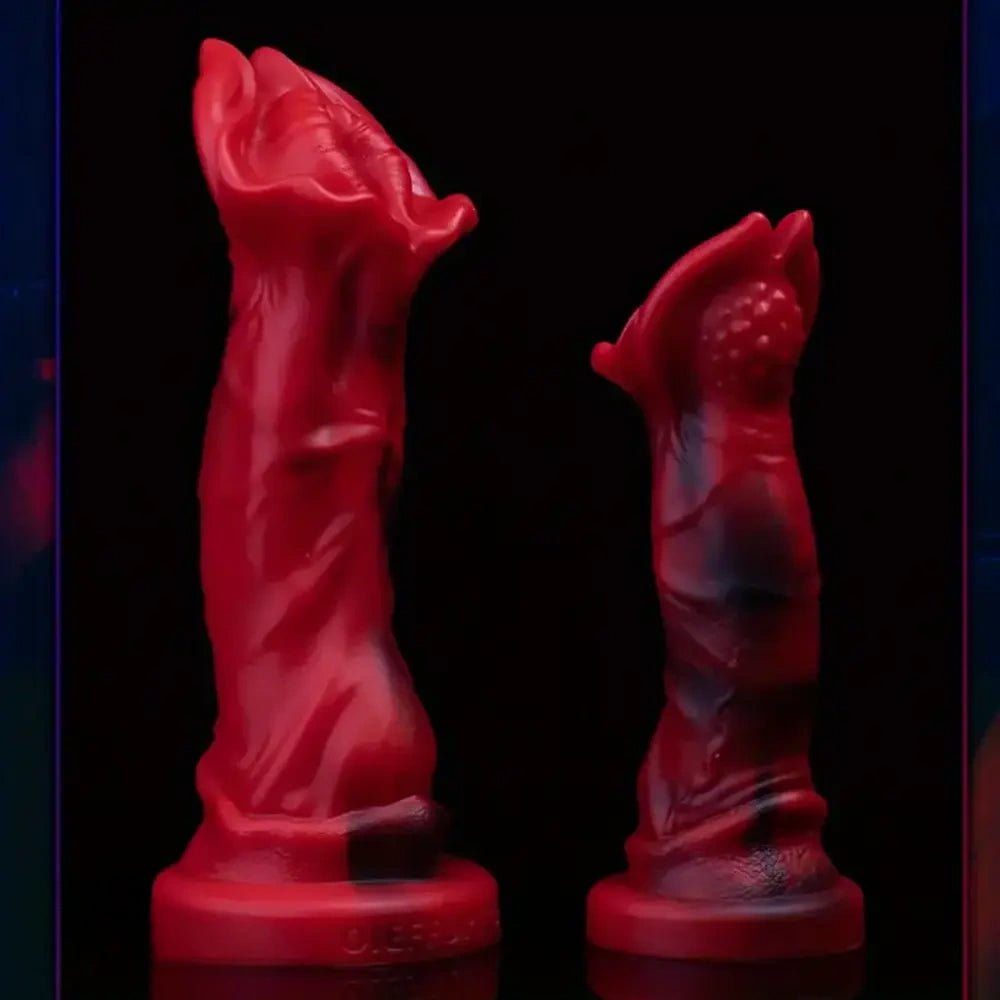 Red-toned realistic silicone dildo with big mushroom head, photo 6