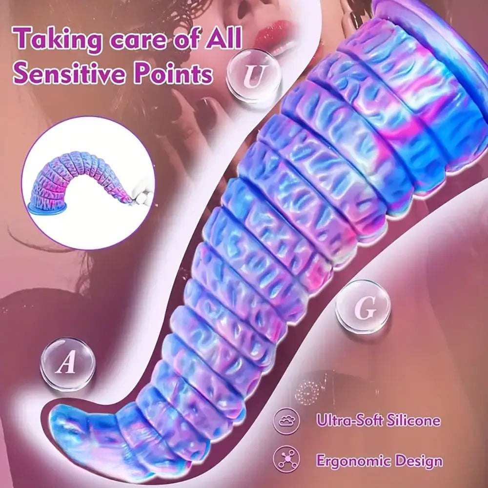 Blue ombre ridged silicone fantasy dildo, photo 5