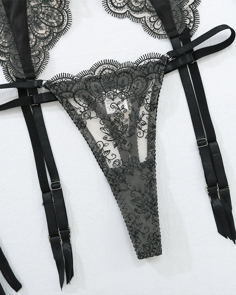 Black embroidered lace balconette garter belt set, photo 11