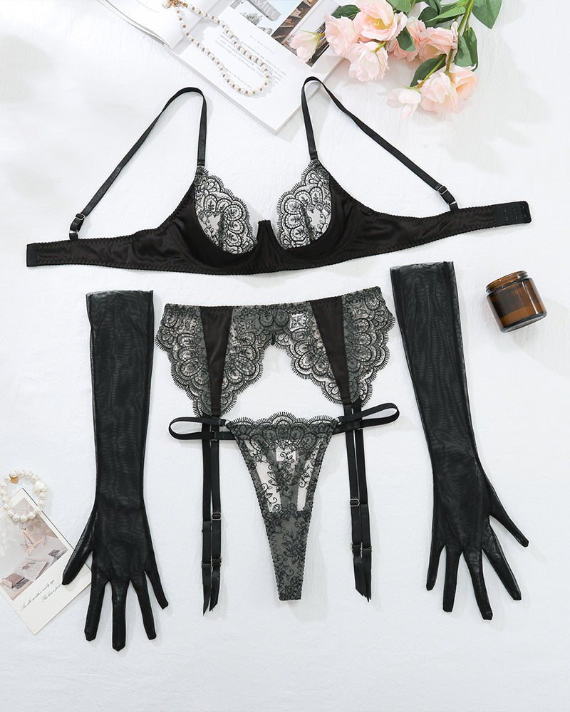 Black embroidered lace balconette garter belt set, photo 7
