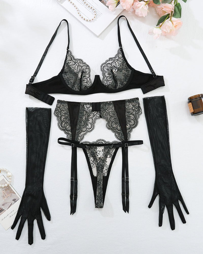 Black embroidered lace balconette garter belt set, photo 8