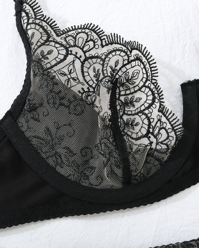 Black embroidered lace balconette garter belt set, photo 9