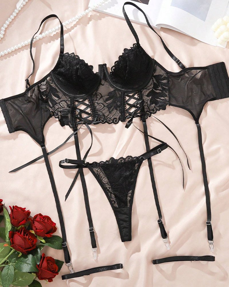 Black floral lace up corset bustier set, photo 6