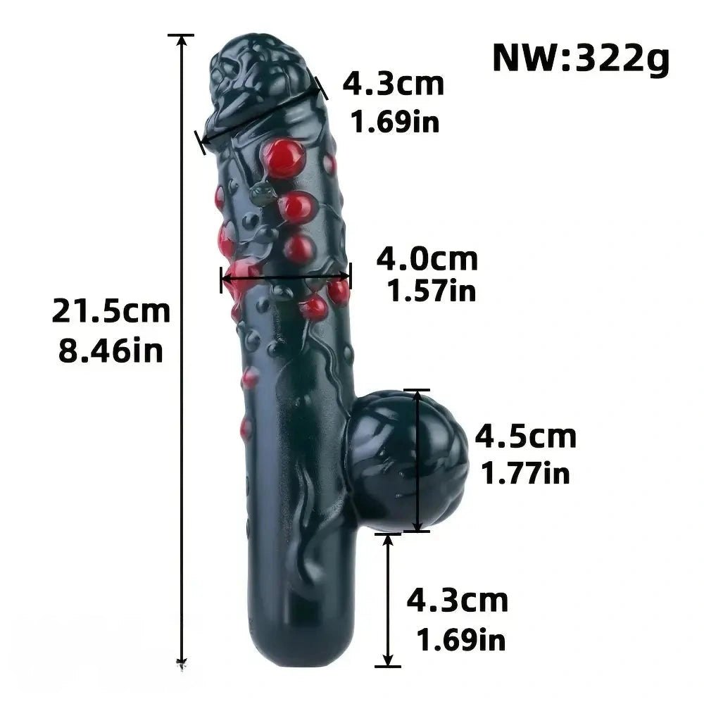 Red black textured fantasy silicone dildo with gem-like bumps