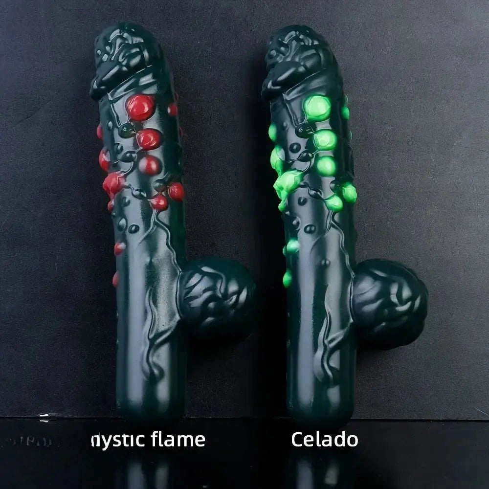 Black textured fantasy silicone dildo with gem-like bumps, photo 3