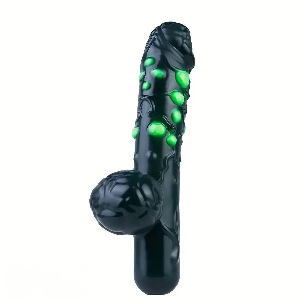Black textured fantasy silicone dildo with gem-like bumps, photo 9