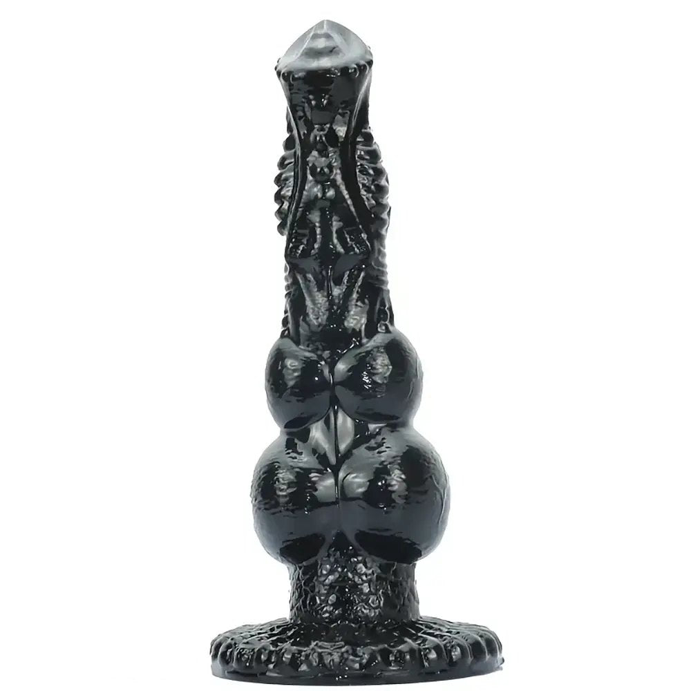 Black knotted PVC animal style dildo with suction cup base, photo 1