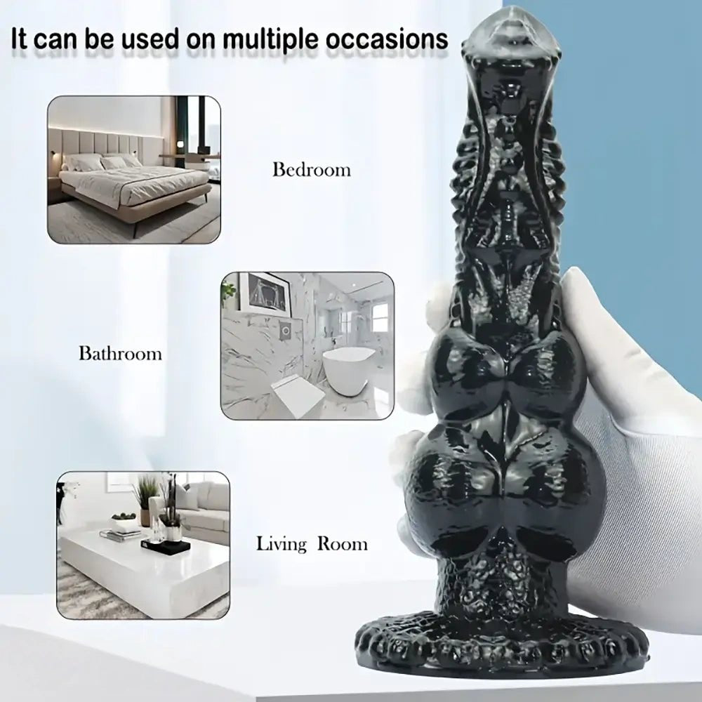 Black knotted PVC animal style dildo with suction cup base, photo 8