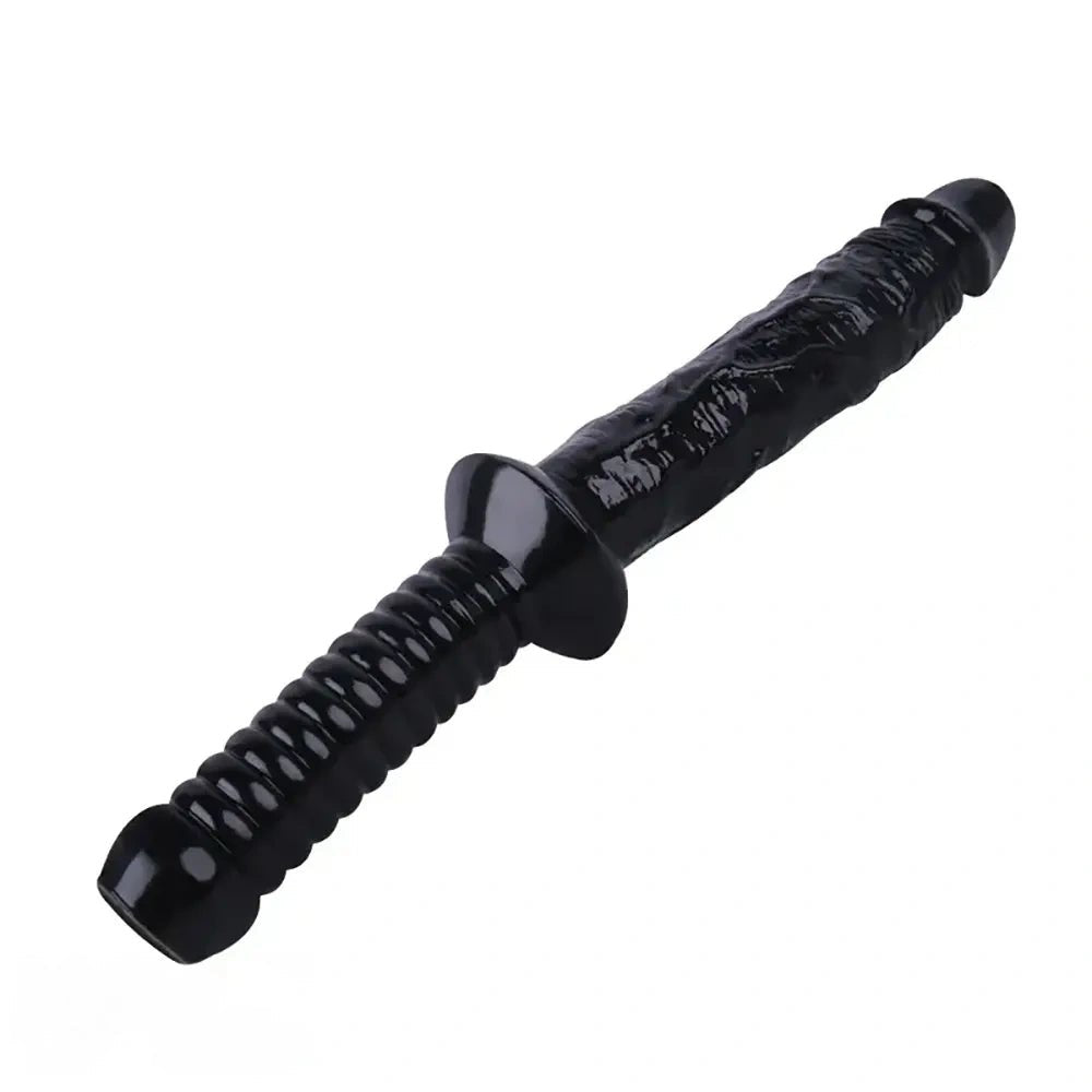 Black pvc ribbed handle dildo, photo 1