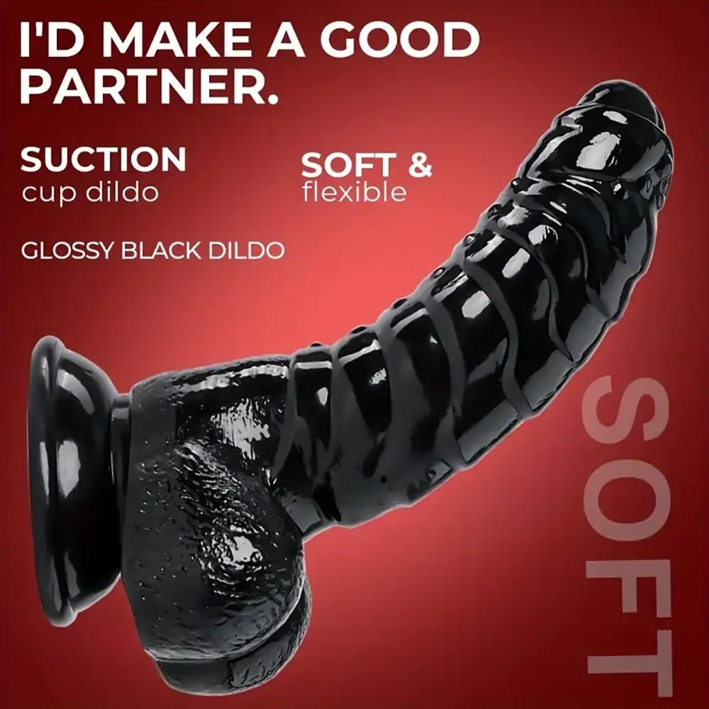 Black pvc suction cup dildo with wavy texture, photo 1