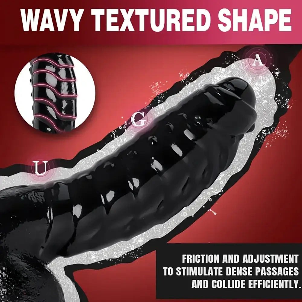 Black pvc suction cup dildo with wavy texture, photo 2